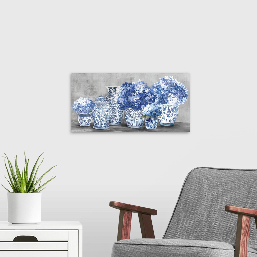A modern room featuring Blue Flowers In Ginger Jars