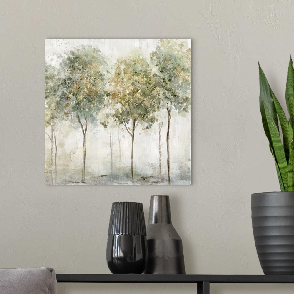 A modern room featuring Decorative painting of a group of trees in faded muted colors with a small white speckled overlay.