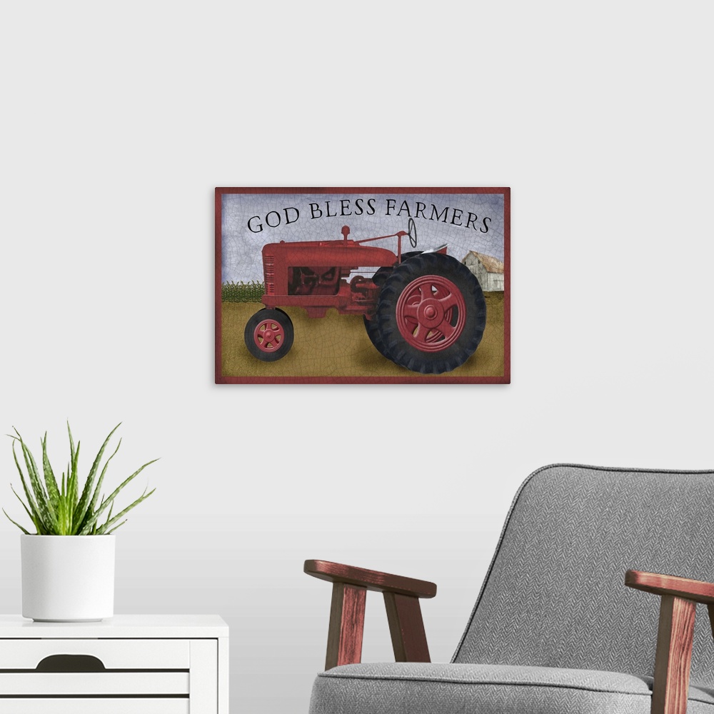 A modern room featuring God Bless Farmers