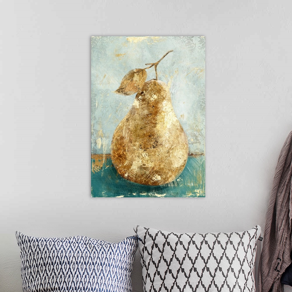A bohemian room featuring A still life painting of a golden pear on a teal and gray floral background with a distressed app...