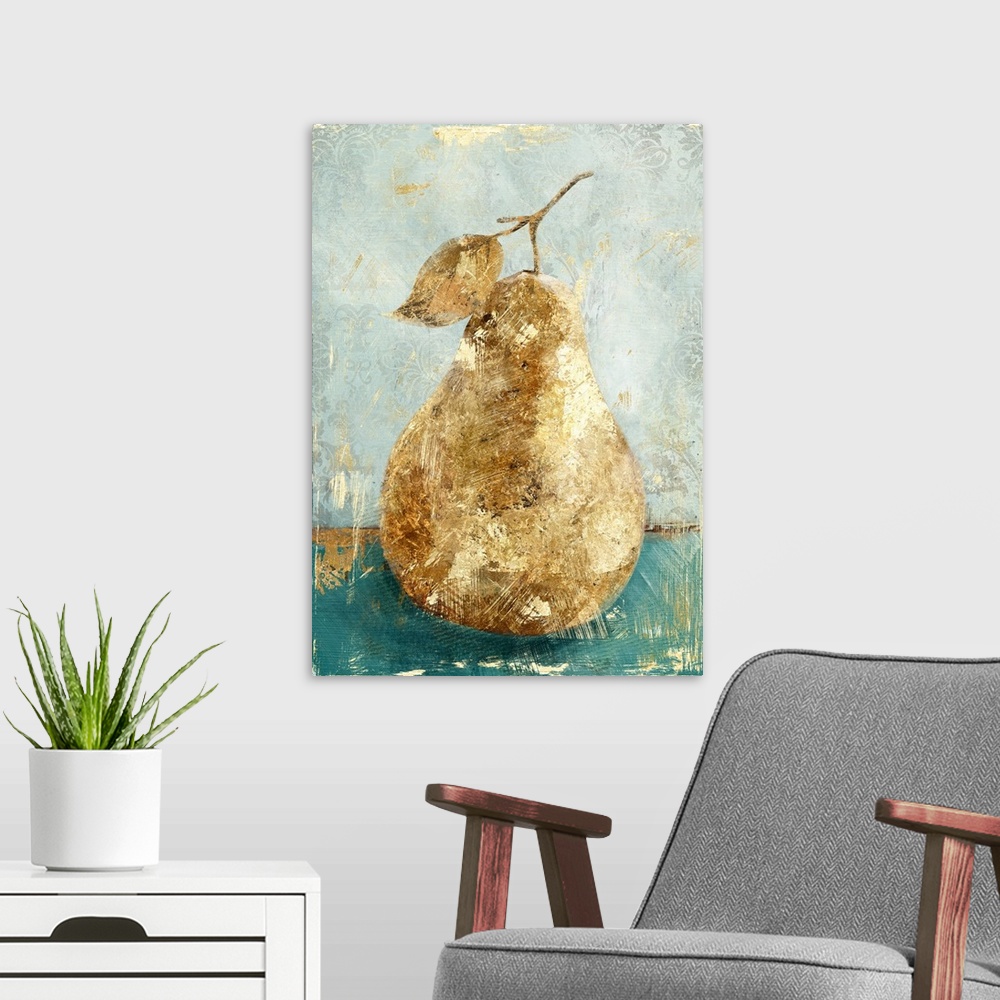 A modern room featuring A still life painting of a golden pear on a teal and gray floral background with a distressed app...