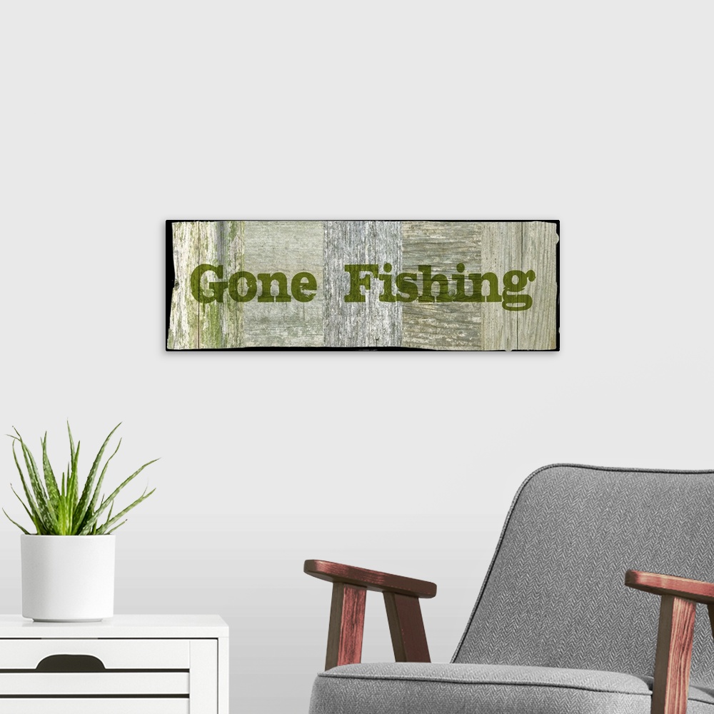 A modern room featuring Gone Fishing