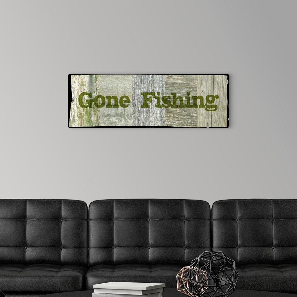 A modern room featuring Gone Fishing
