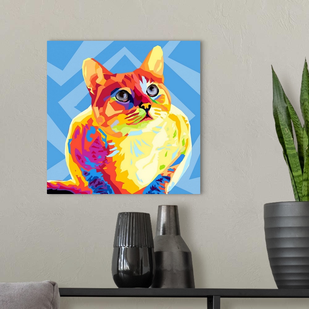 A modern room featuring A modern graphic design of a multi-colored cat on a geometric blue background.