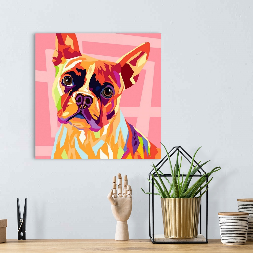 A bohemian room featuring A modern graphic design of a multi-colored dog on a geometric pink background.
