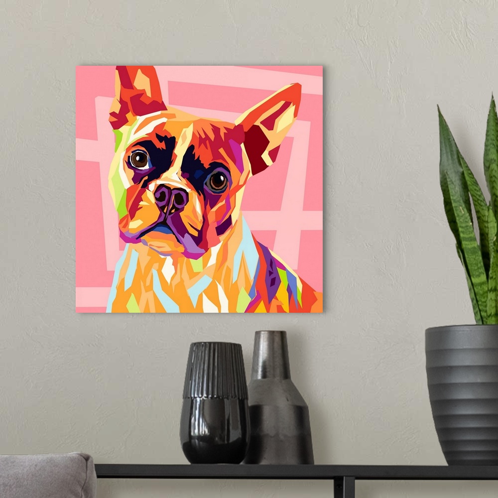 A modern room featuring A modern graphic design of a multi-colored dog on a geometric pink background.