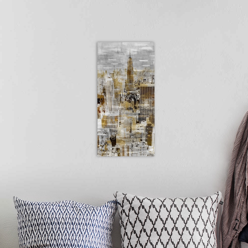 A bohemian room featuring A long vertical image of the Empire State Building in New York in faded gray tones with spatters ...