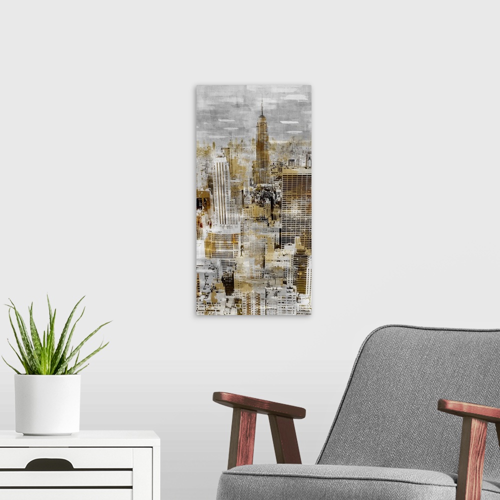 A modern room featuring A long vertical image of the Empire State Building in New York in faded gray tones with spatters ...