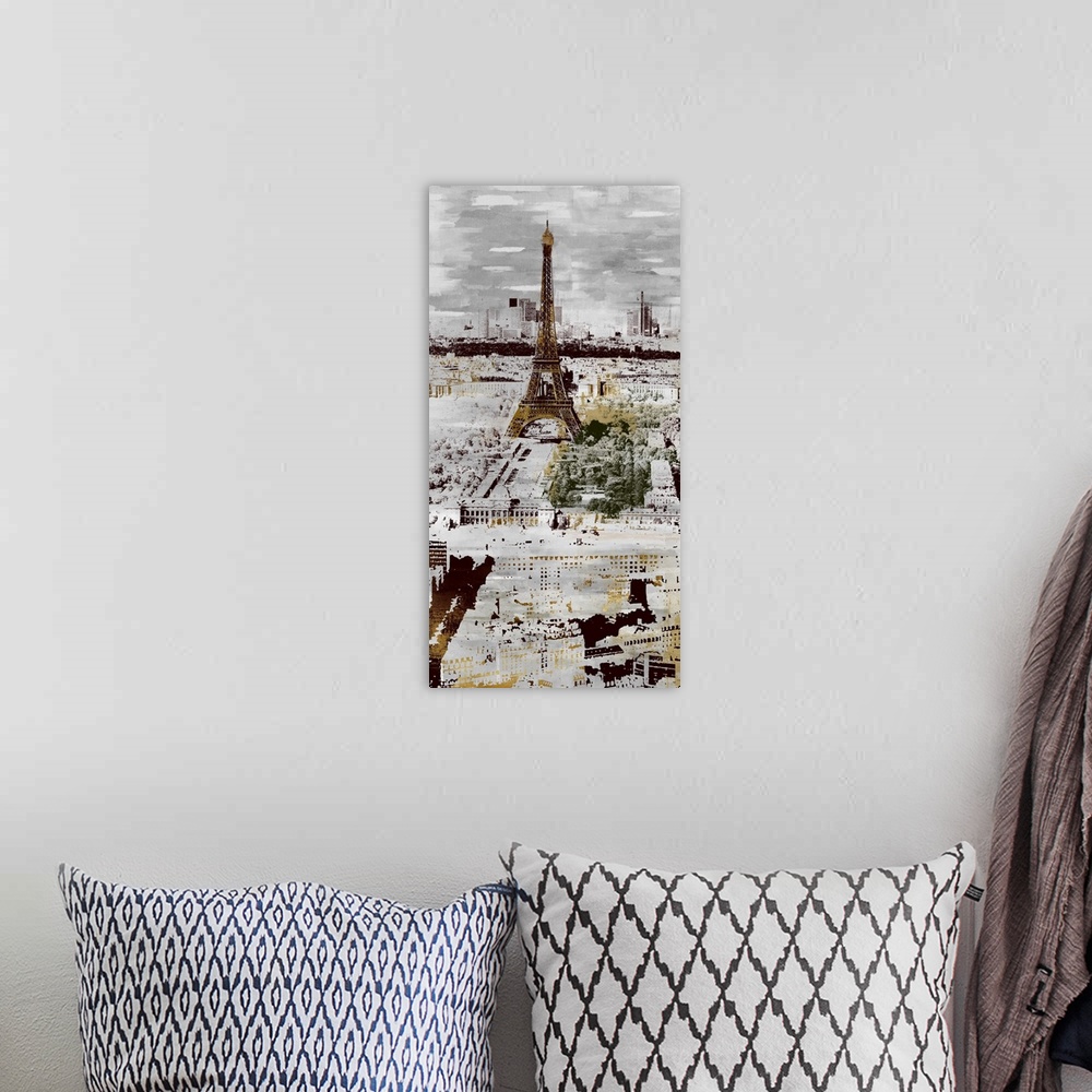 A bohemian room featuring A long vertical image of the Eiffel Tower in Paris in faded gray tones with spatters of gold thro...