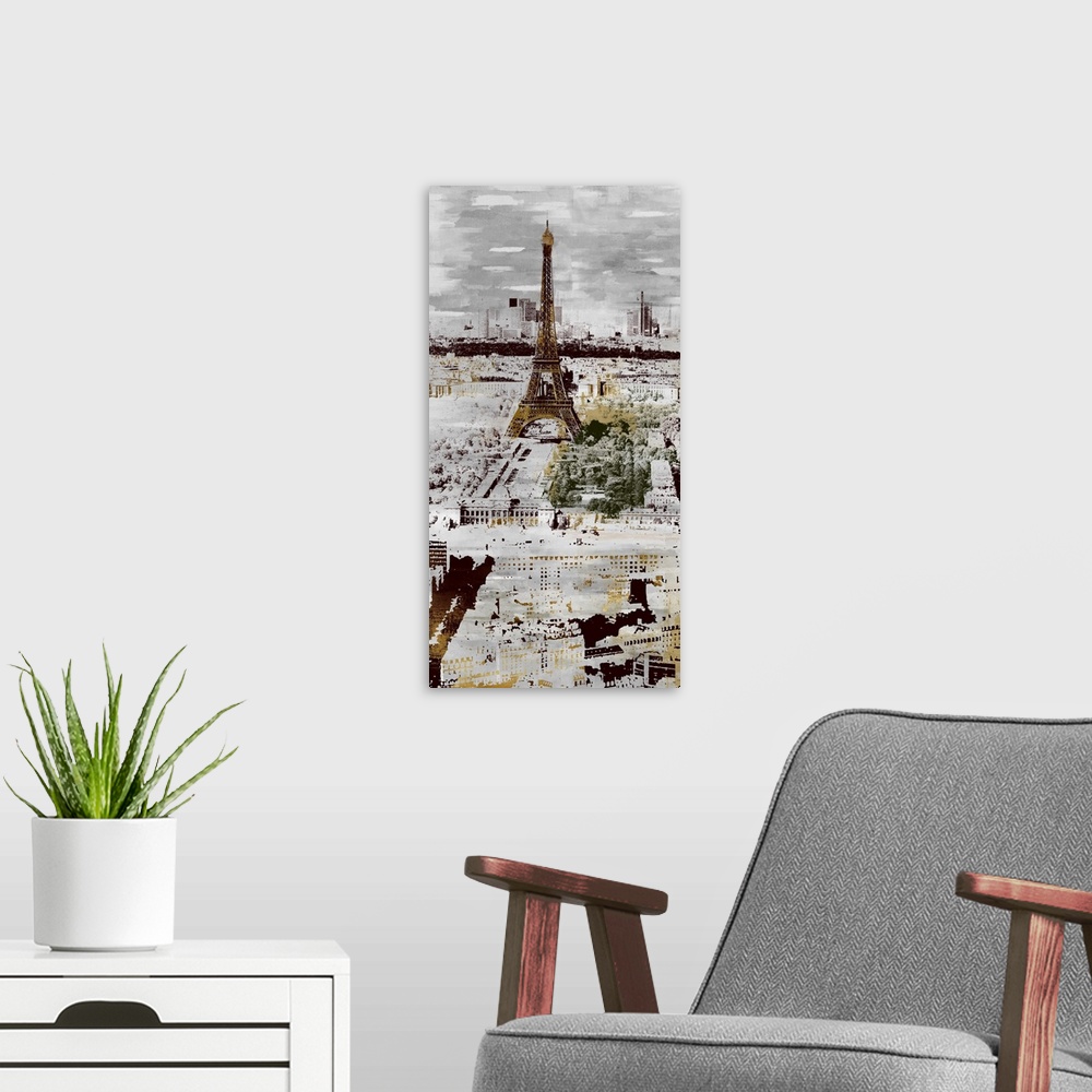 A modern room featuring A long vertical image of the Eiffel Tower in Paris in faded gray tones with spatters of gold thro...