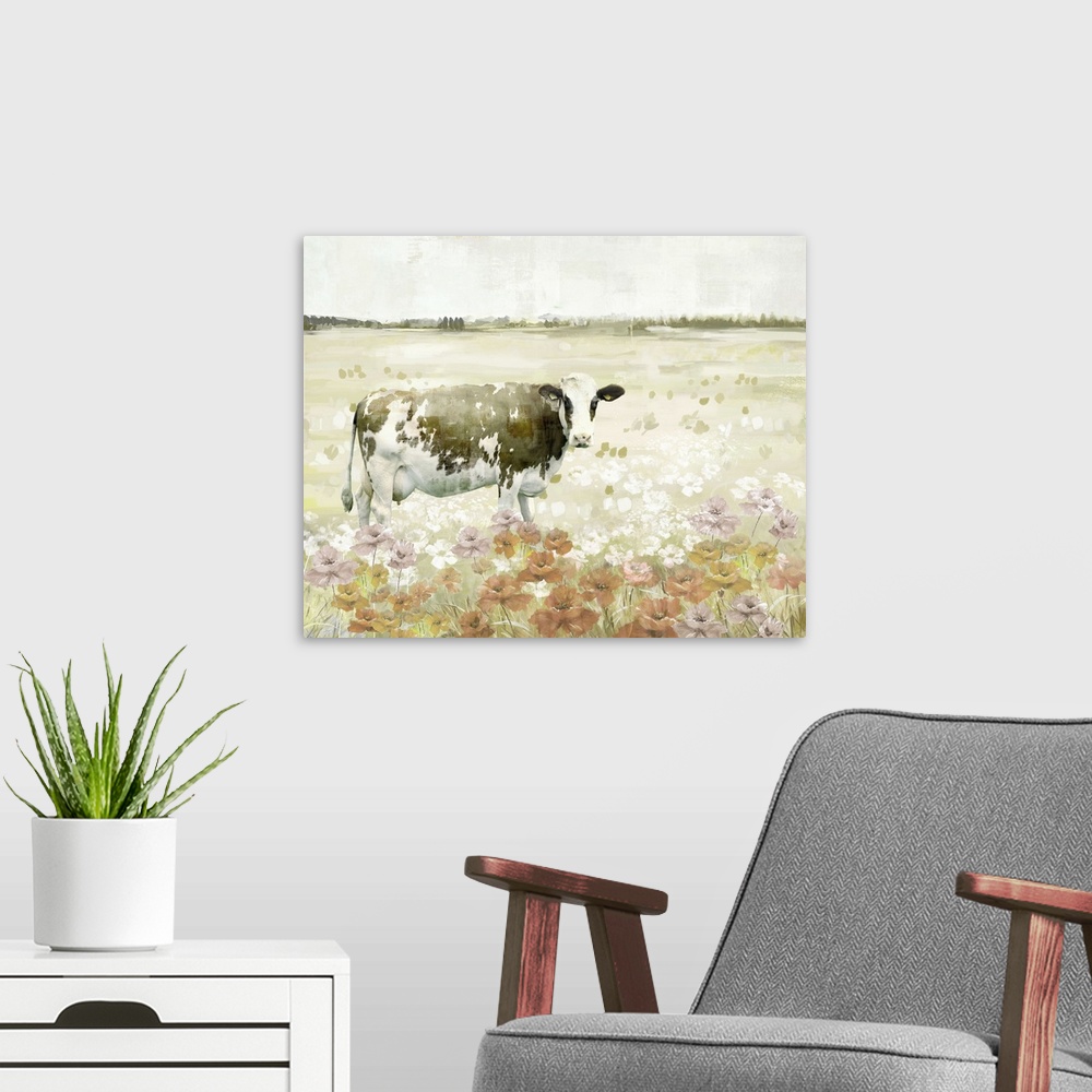 A modern room featuring Decorative artwork of a black and white cow in a field full of flowers.