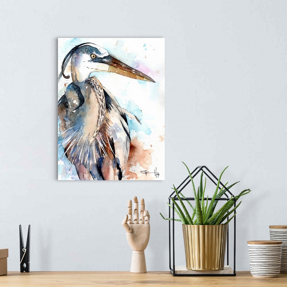 A bohemian room featuring Watercolor painting of a great blue heron.
