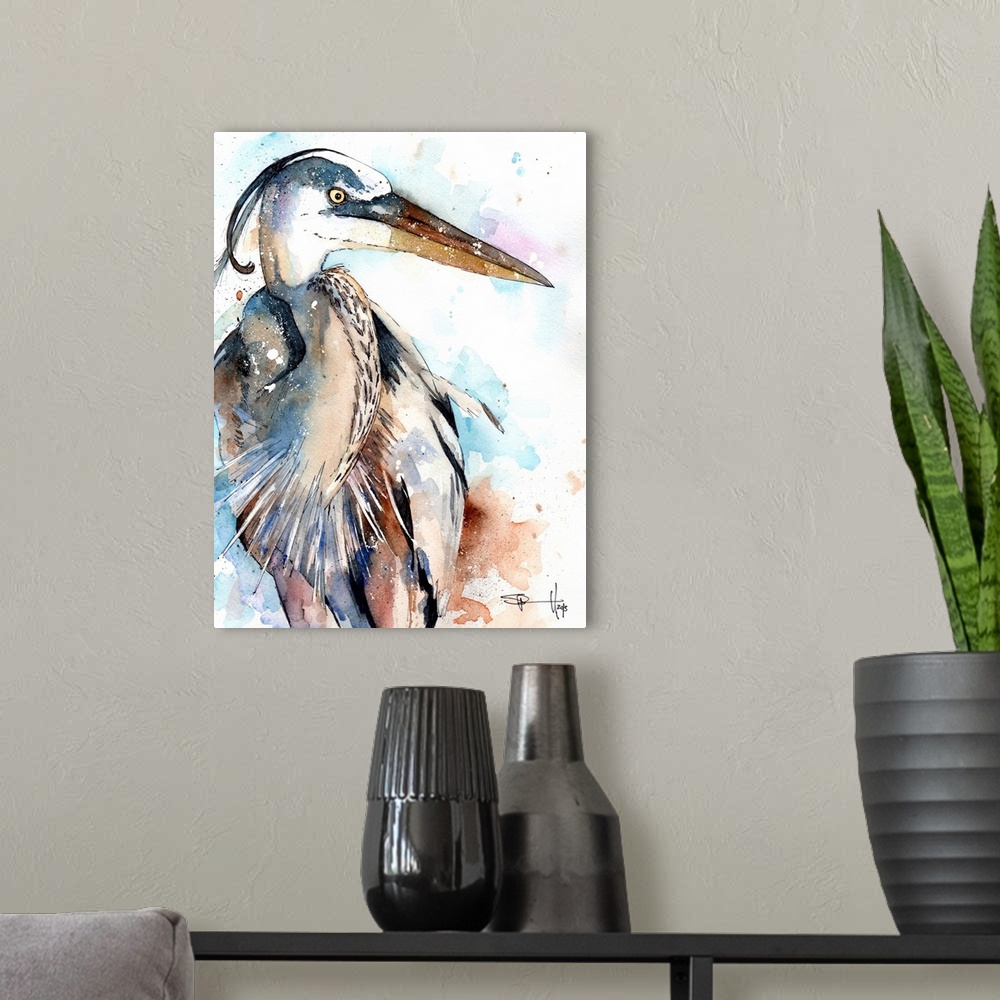 A modern room featuring Watercolor painting of a great blue heron.