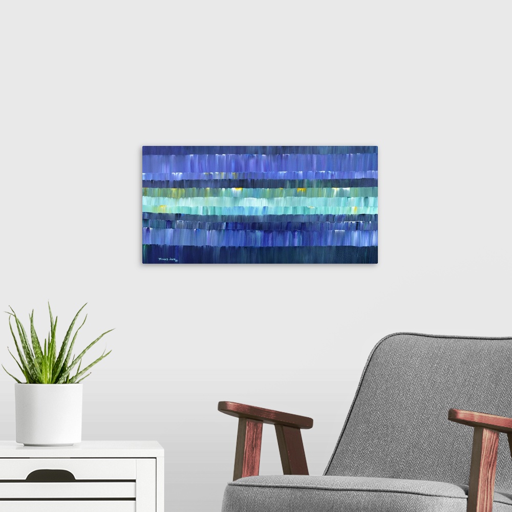 A modern room featuring Abstract artwork of layers in different shades of blue.