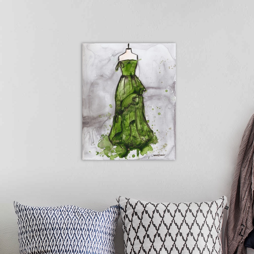 A bohemian room featuring Watercolor painting of a green dress on a dress form.