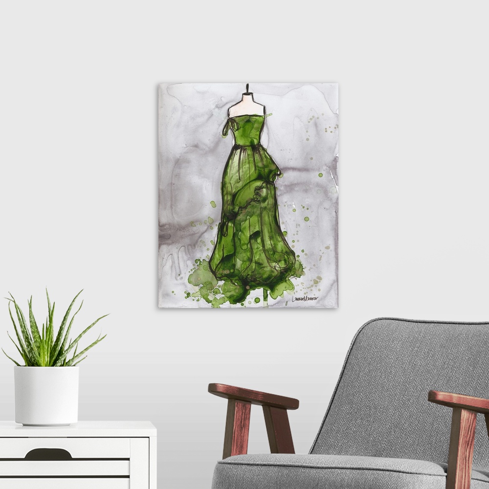 A modern room featuring Watercolor painting of a green dress on a dress form.