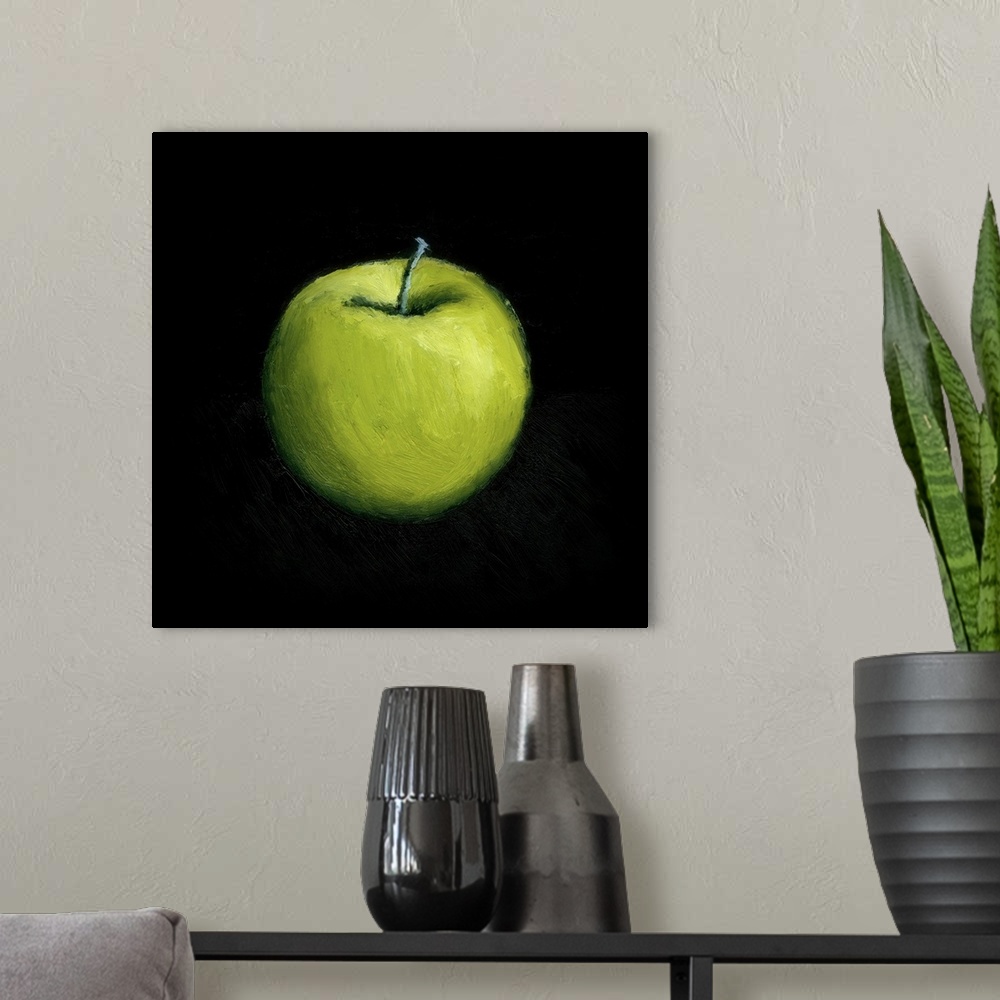 A modern room featuring Contemporary still-life painting of a green apple against a black a background.