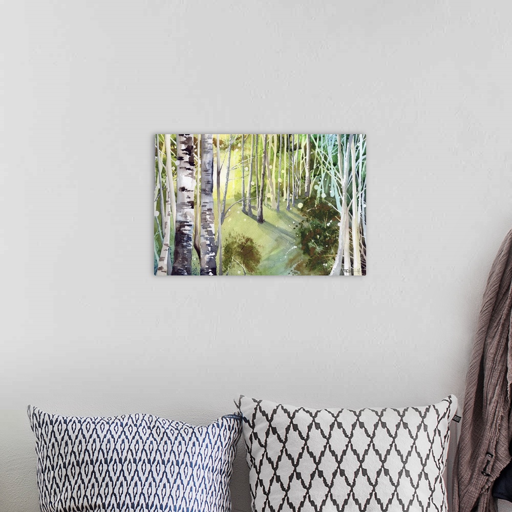 A bohemian room featuring Painting of a forest with birch trees in green light.