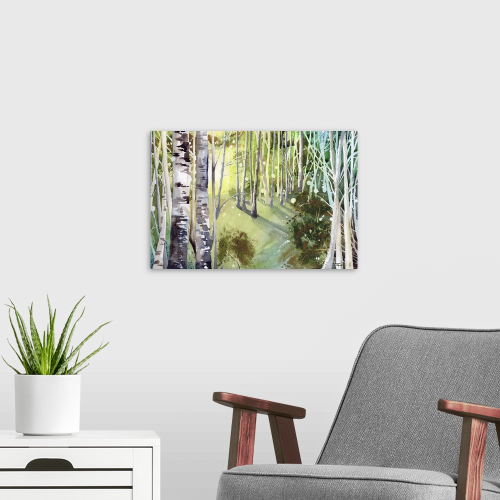 A modern room featuring Painting of a forest with birch trees in green light.