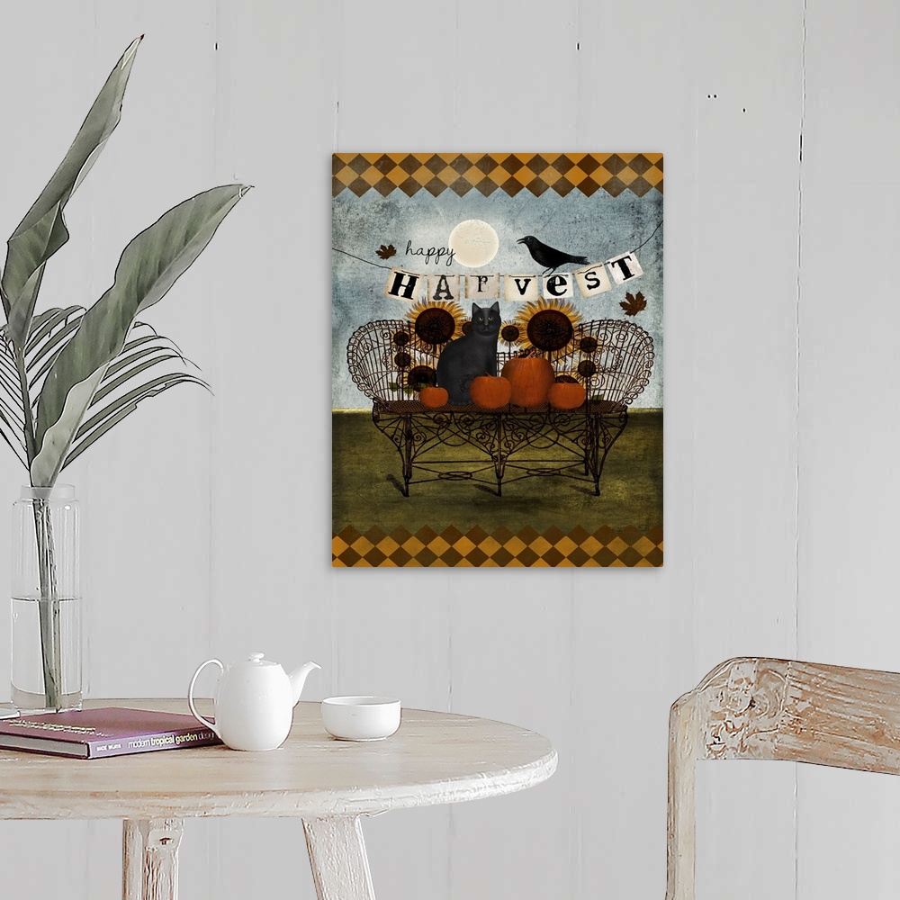 A farmhouse room featuring Illustration of a cat on an iron bench with pumpkins and sunflowers.