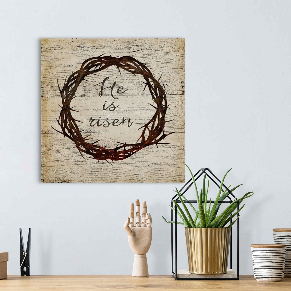 A bohemian room featuring Easter-themed illustration of a crown of thorns with "He Is Risen" inside.