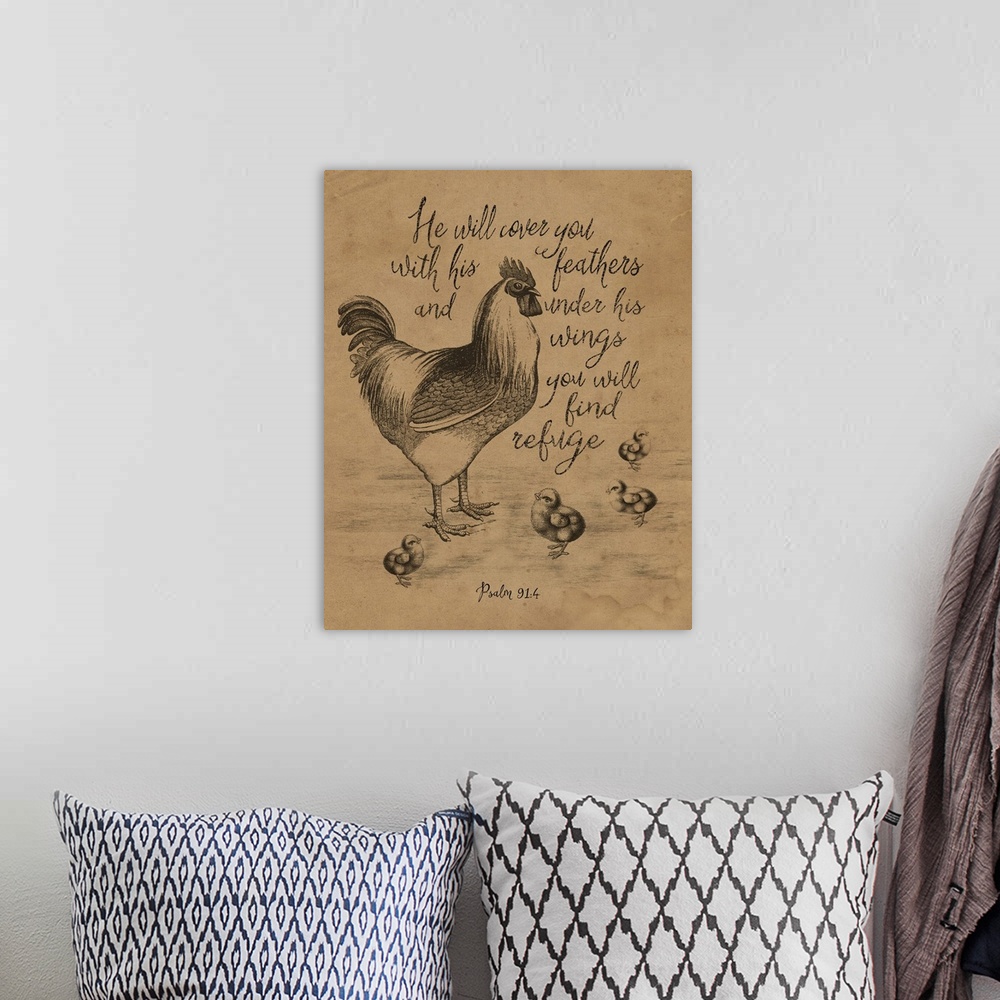 A bohemian room featuring Illustration of a chicken with chicks and an inspirational Bible verse.