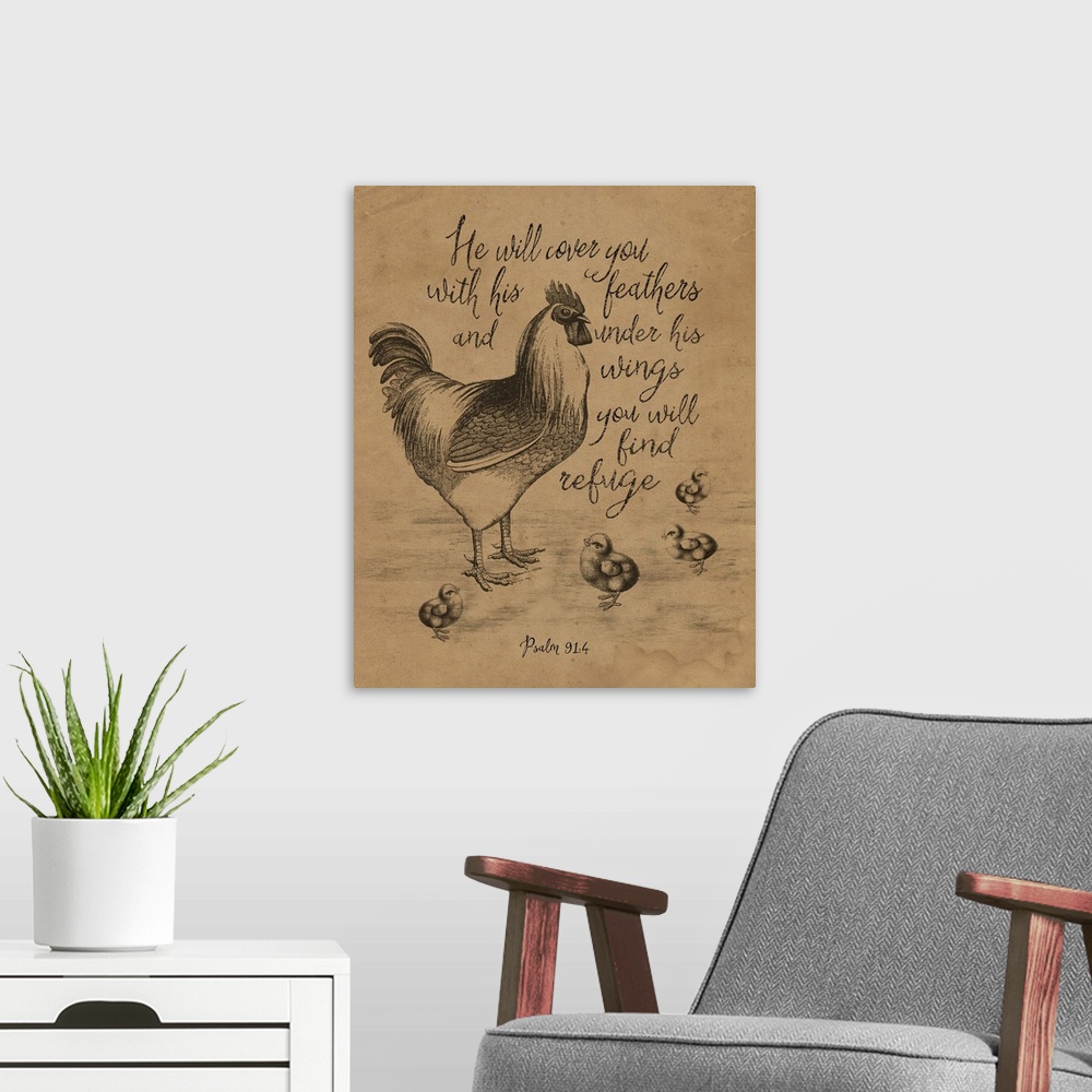 A modern room featuring Illustration of a chicken with chicks and an inspirational Bible verse.