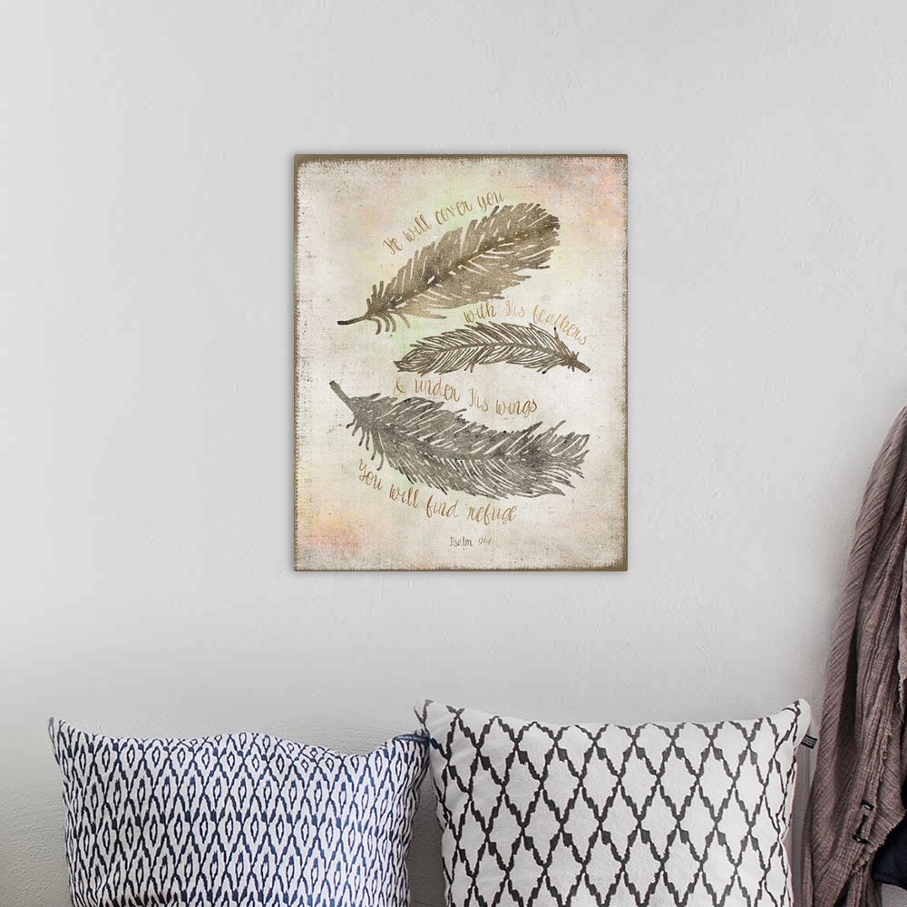 A bohemian room featuring Bible verse written over an illustration of three feathers.