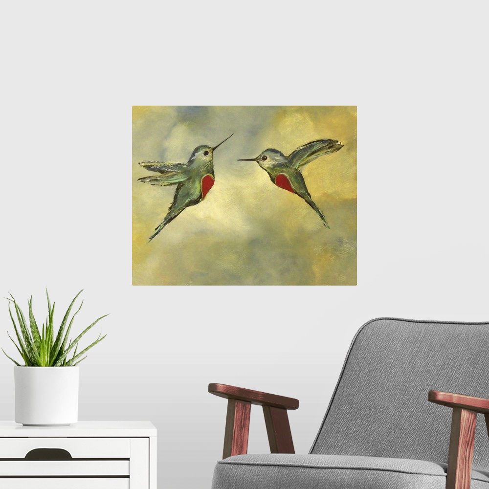 A modern room featuring Two hummingbirds with heart shapes on their bellies.