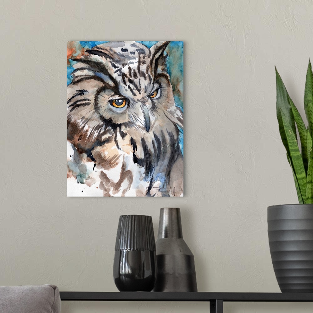 A modern room featuring Watercolor portrait of a European Eagle Owl.