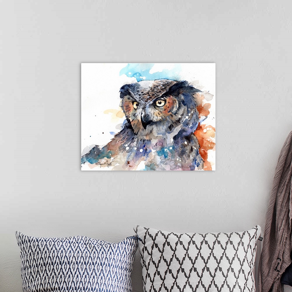 A bohemian room featuring Watercolor portrait of a Great Horned Owl with intense eyes.