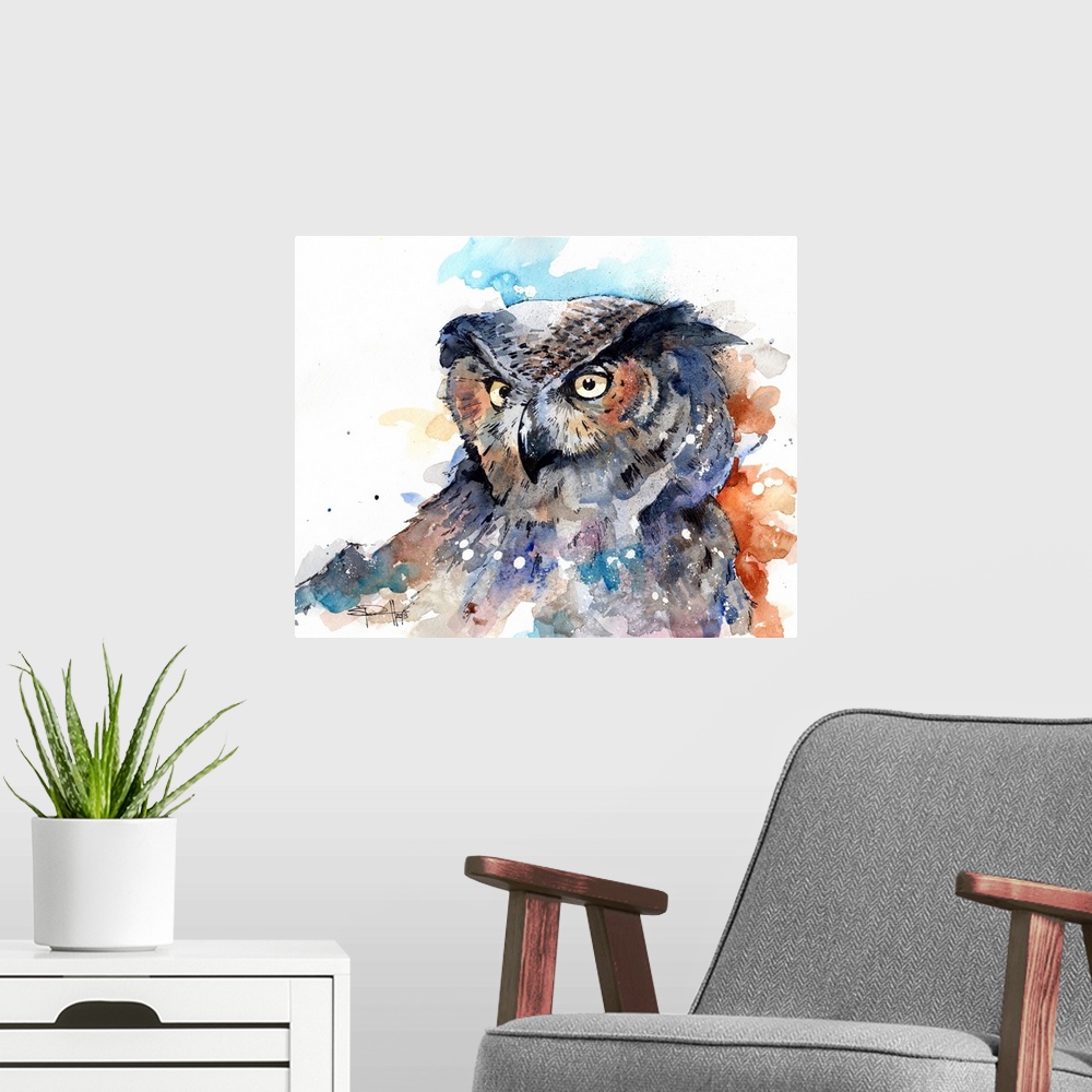 A modern room featuring Watercolor portrait of a Great Horned Owl with intense eyes.