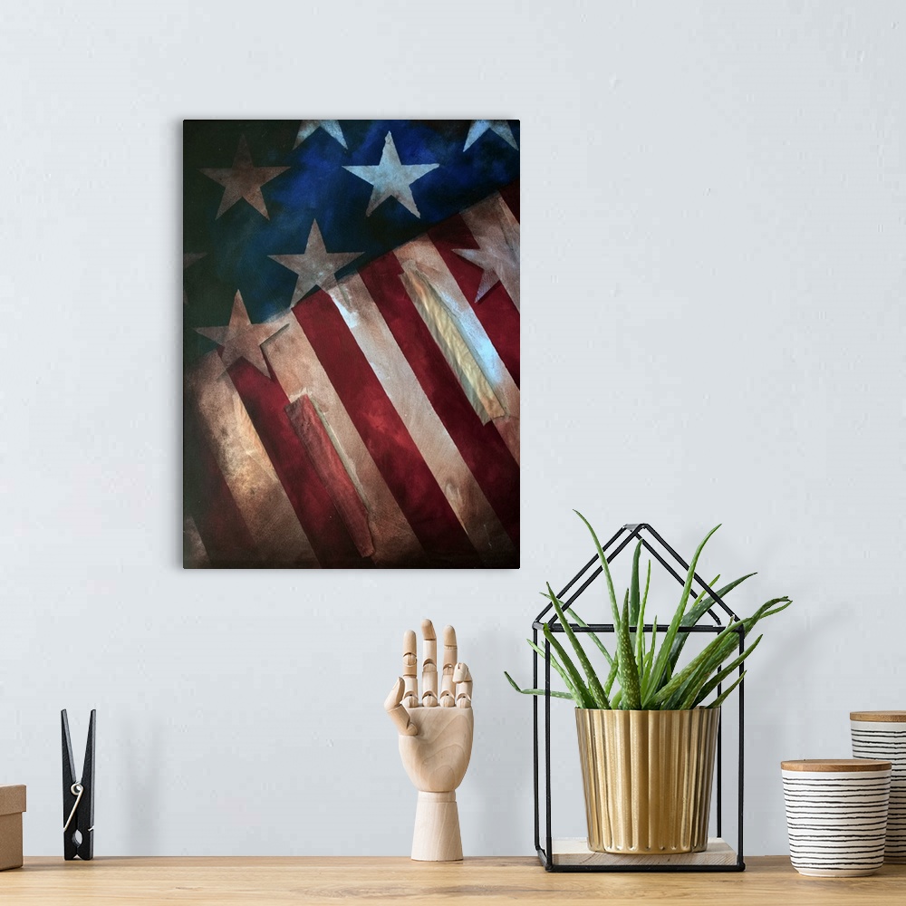 A bohemian room featuring American flag painting with stars and stripes.