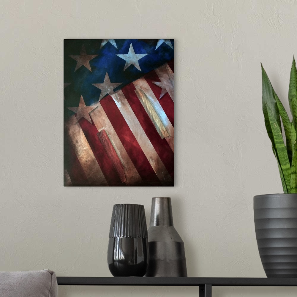 A modern room featuring American flag painting with stars and stripes.