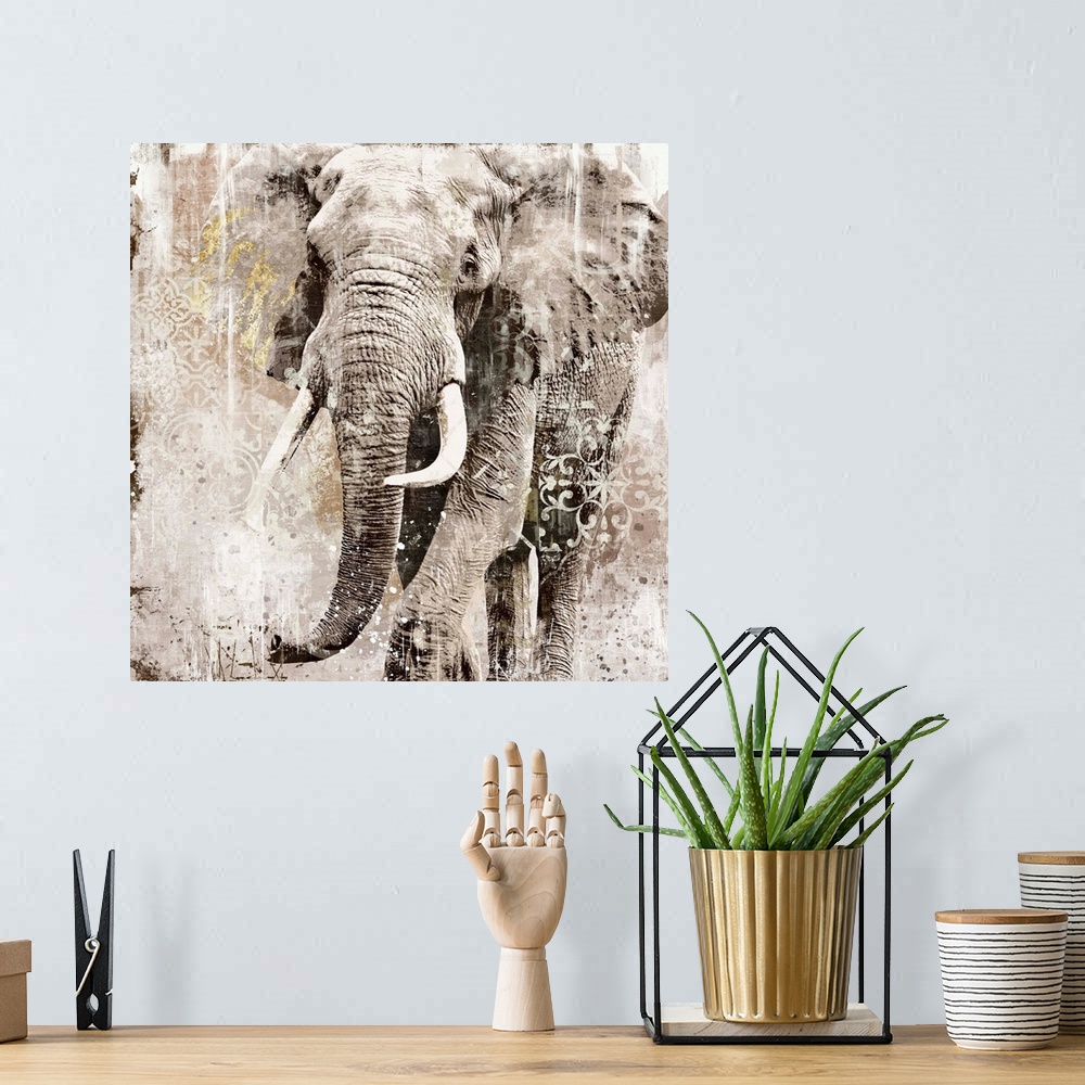 A bohemian room featuring Decorative artwork of an elephant with tusk with a distressed overlay of fine lines and floral de...