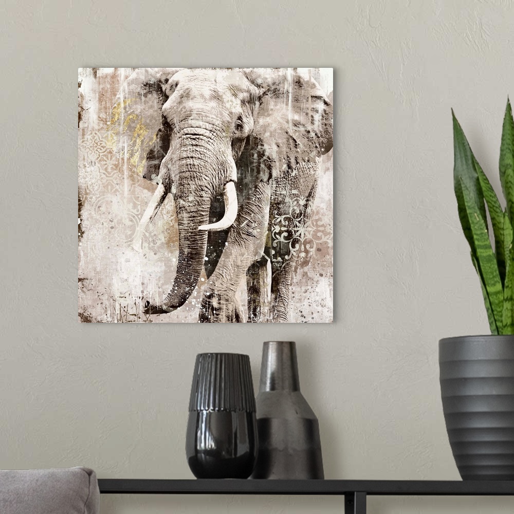 A modern room featuring Decorative artwork of an elephant with tusk with a distressed overlay of fine lines and floral de...
