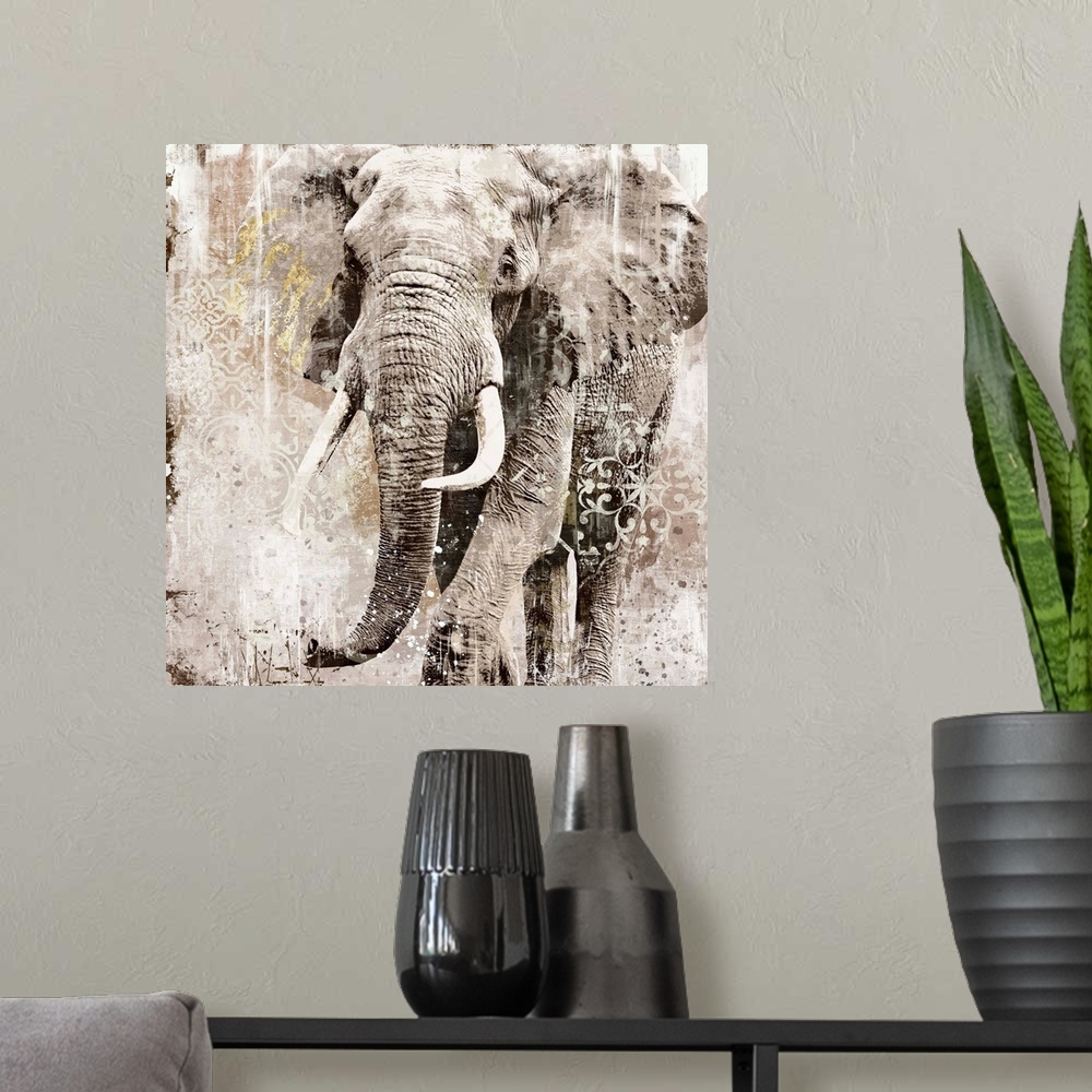 A modern room featuring Decorative artwork of an elephant with tusk with a distressed overlay of fine lines and floral de...
