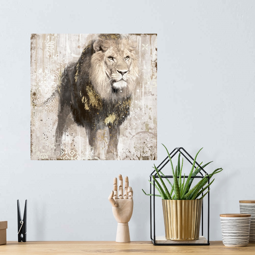 A bohemian room featuring Decorative artwork of a lion with gold accents with a distressed overlay of fine lines and floral...