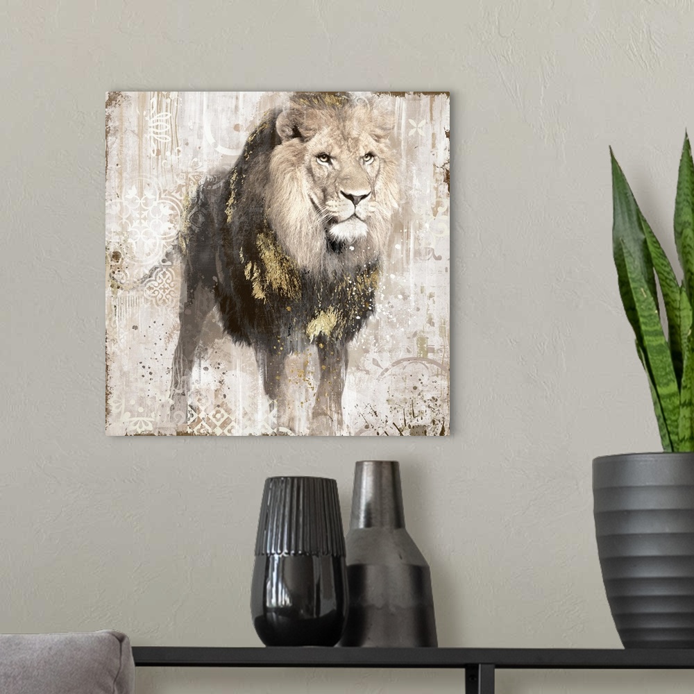 A modern room featuring Decorative artwork of a lion with gold accents with a distressed overlay of fine lines and floral...