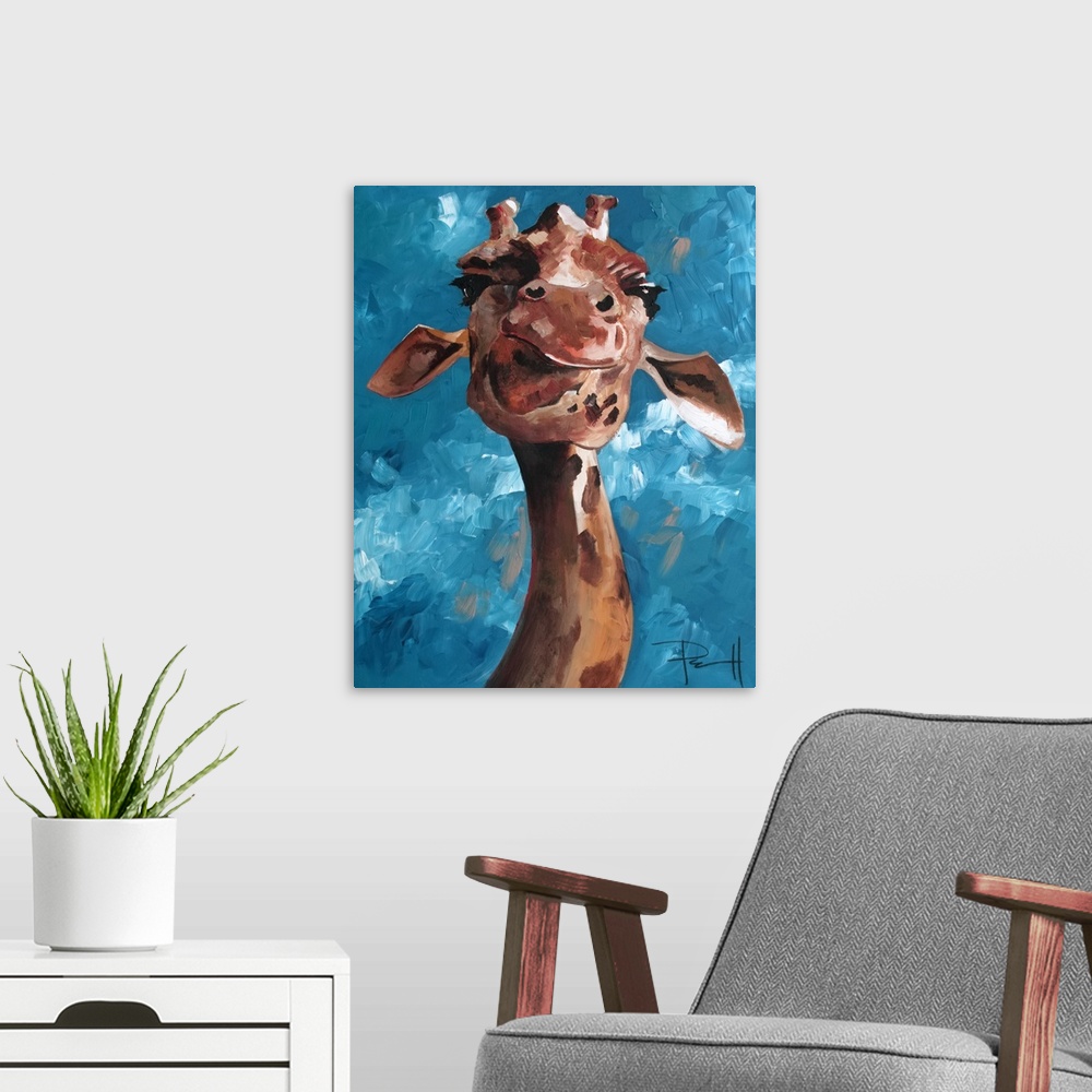 A modern room featuring Painting of a giraffe making a humorous face.