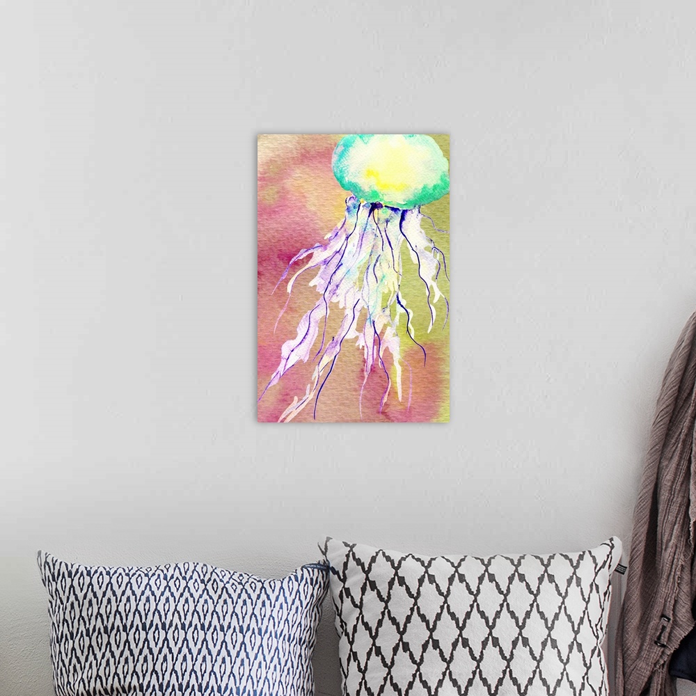 A bohemian room featuring Watercolor artwork of a jellyfish with long tentacles.
