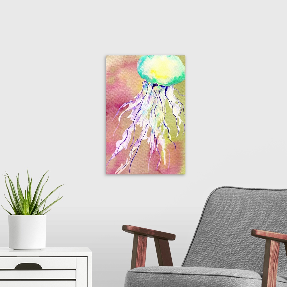 A modern room featuring Watercolor artwork of a jellyfish with long tentacles.