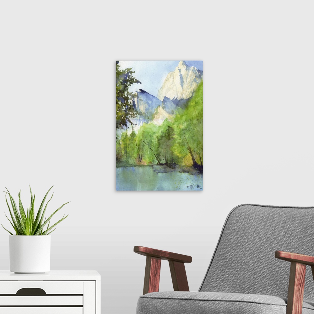 A modern room featuring Landscape painting of a river in a forest with tall mountains.