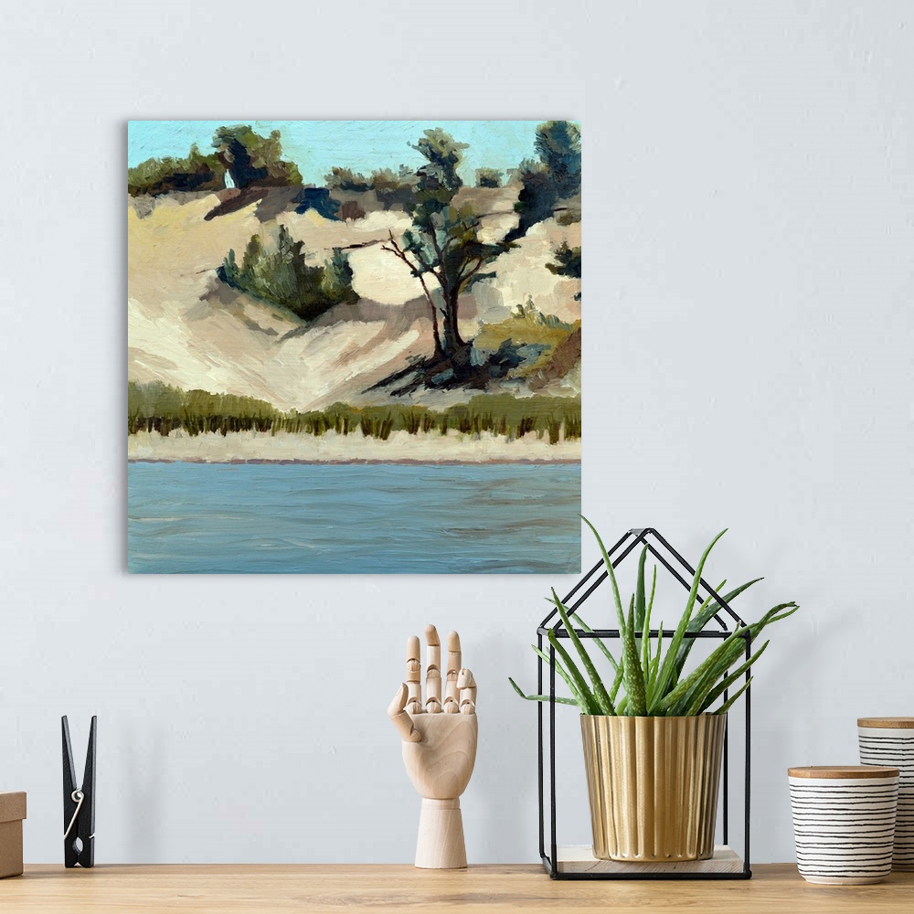 A bohemian room featuring Contemporary painting of a sand dunes on the shore of a lake.