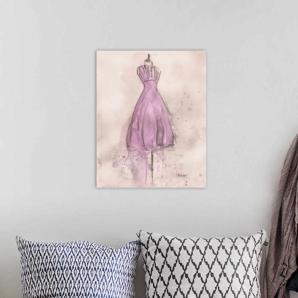A bohemian room featuring Watercolor painting of a lavender dress on a dress form.