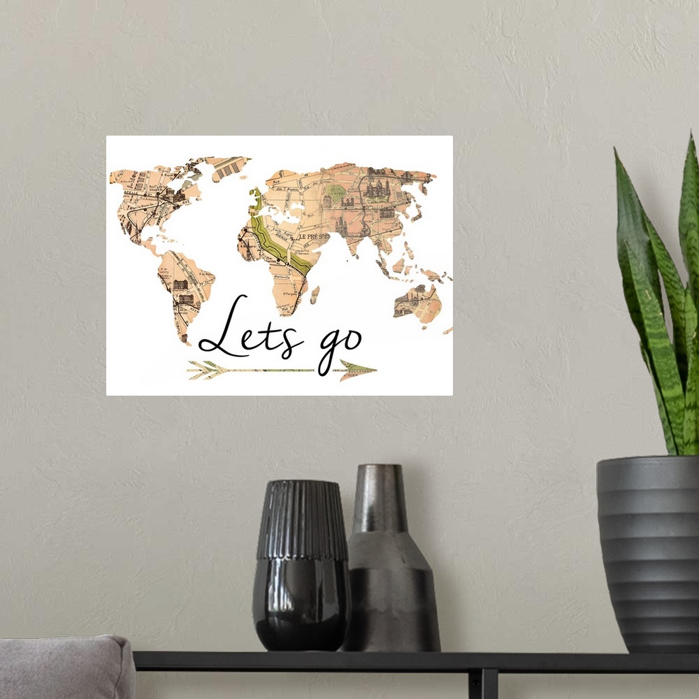 A modern room featuring A map of the world made of vintage maps, with an arrow motif.
