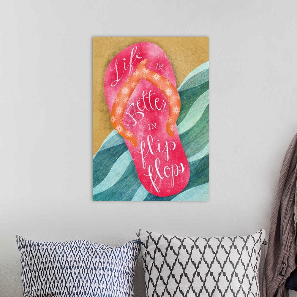 A bohemian room featuring Watercolor painting of a pink sandal on the beach.