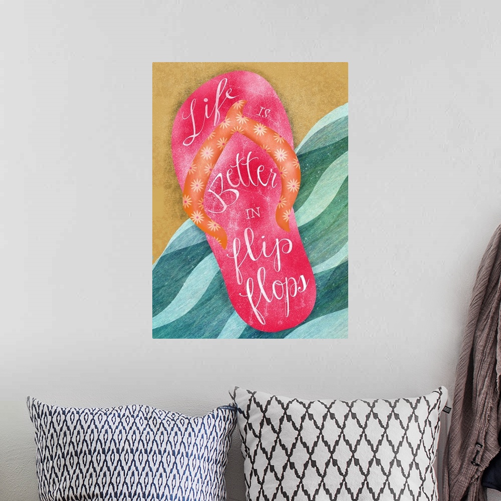 A bohemian room featuring Watercolor painting of a pink sandal on the beach.