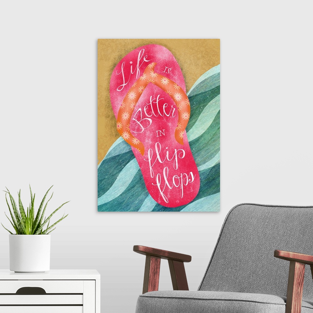 A modern room featuring Watercolor painting of a pink sandal on the beach.