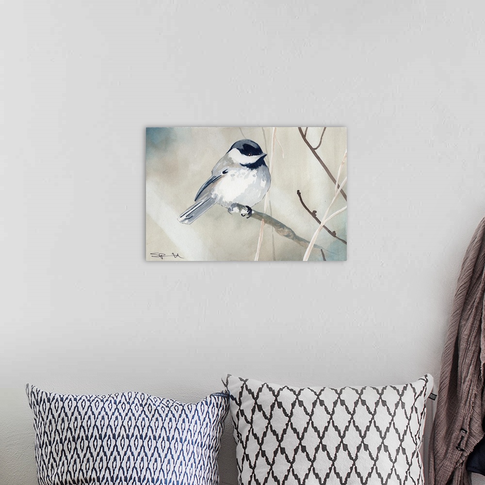 A bohemian room featuring A small chickadee perched on a branch.